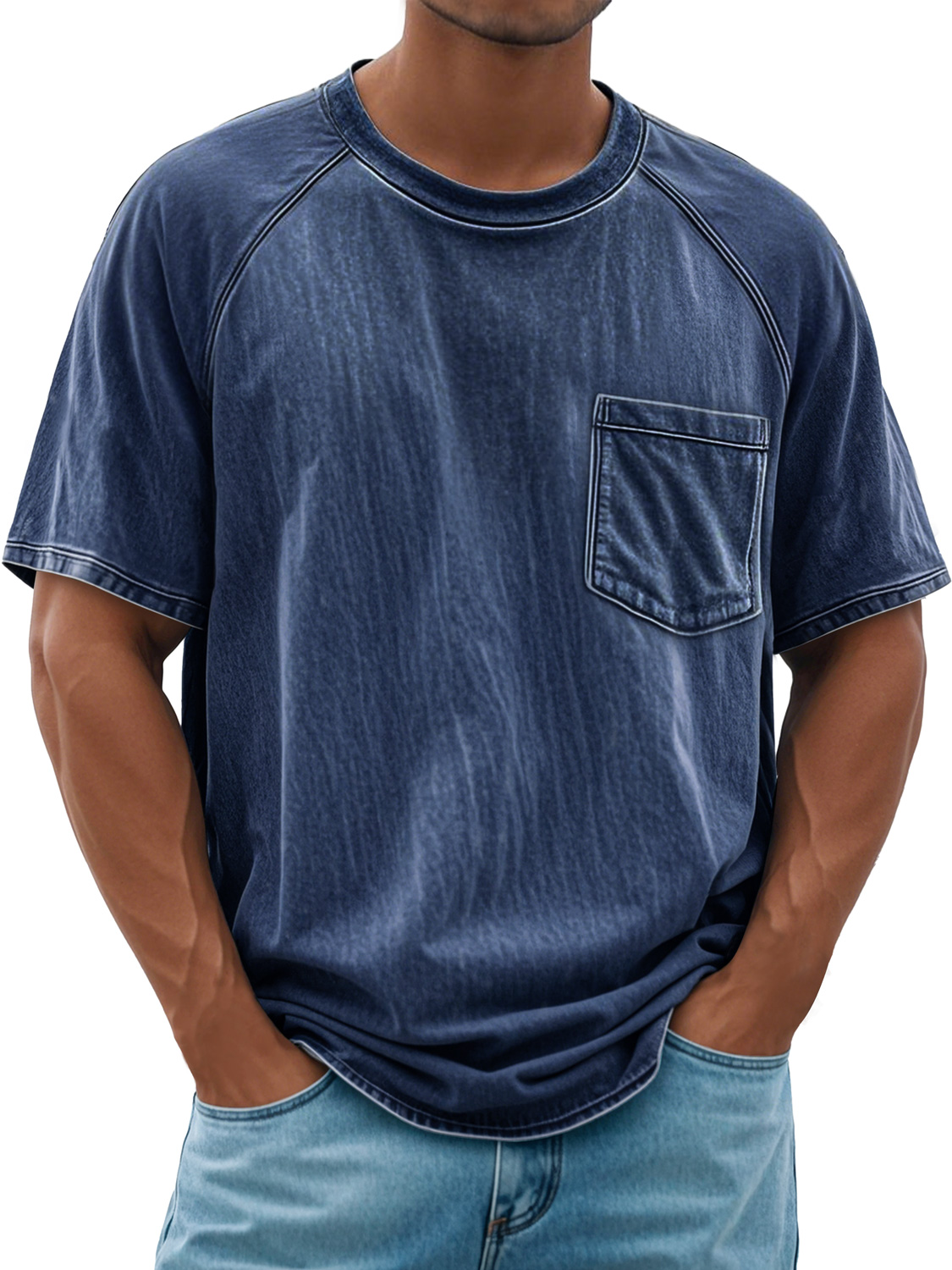 Men's Retro Round Neck Raglan Pocket Casual Short Sleeve T-Shirt