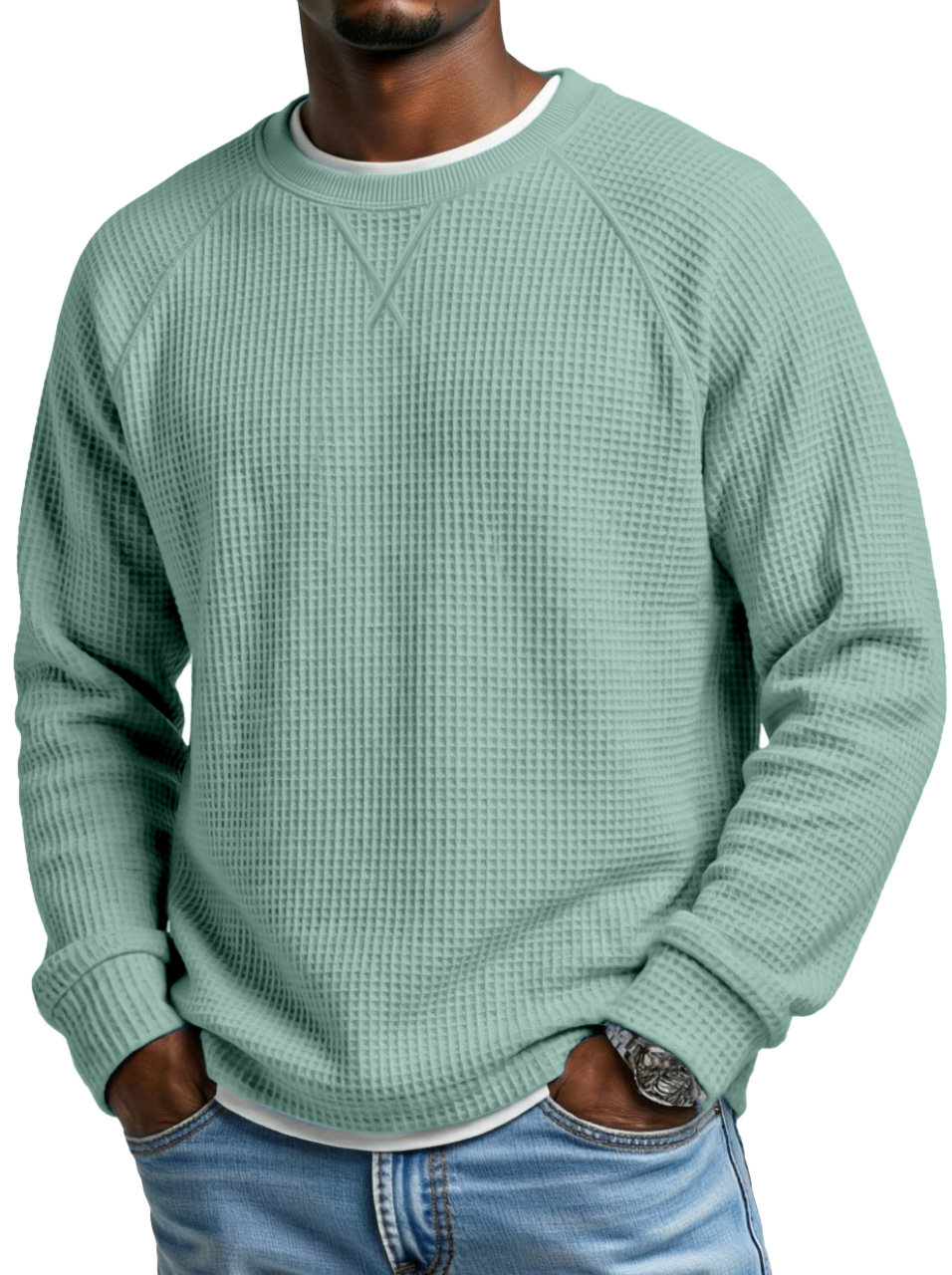 Men's Fashionable Waffle Raglan Sleeve Design Round Neck Long Sleeve T-Shirt