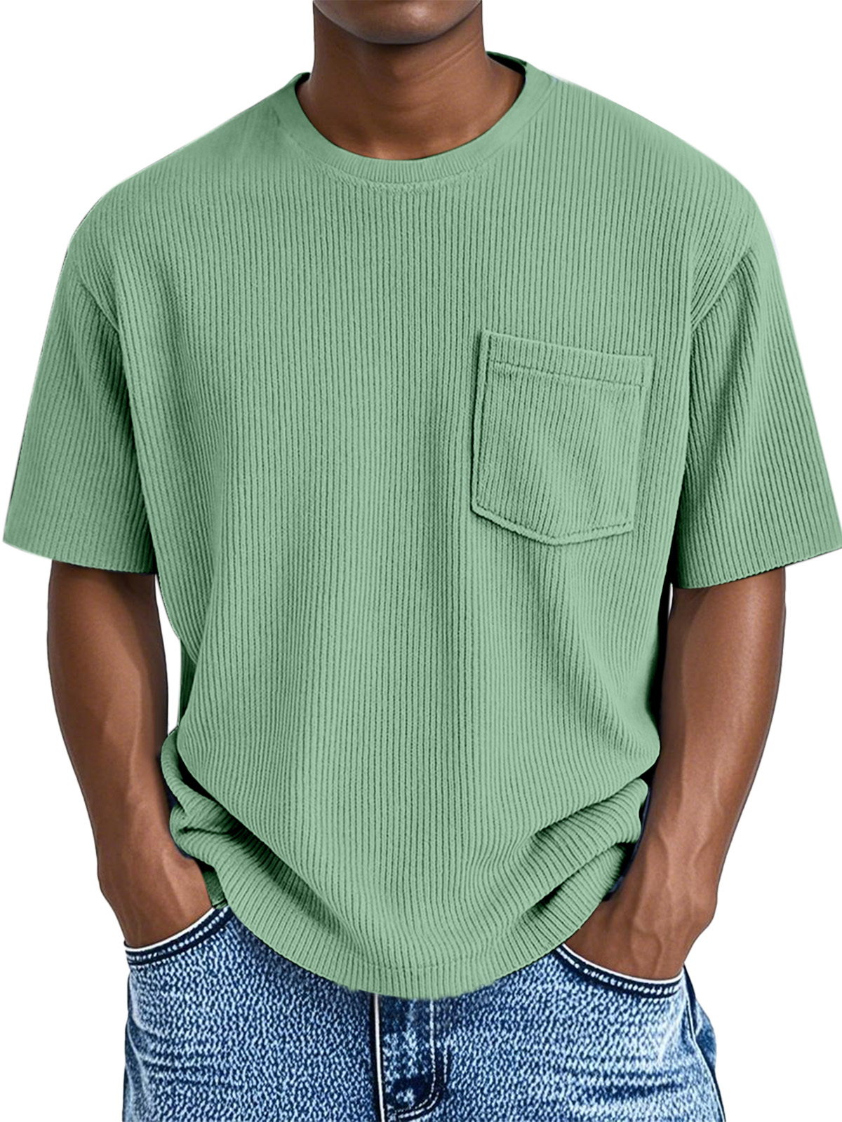 Men's Comfortable Solid Color Pit Pocket Round Neck Short-sleeved T-shirt