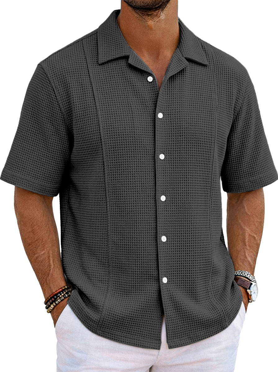 Men's Solid Color Casual Waffle Unstitched Design Cuban Collar Short Sleeve Shirt