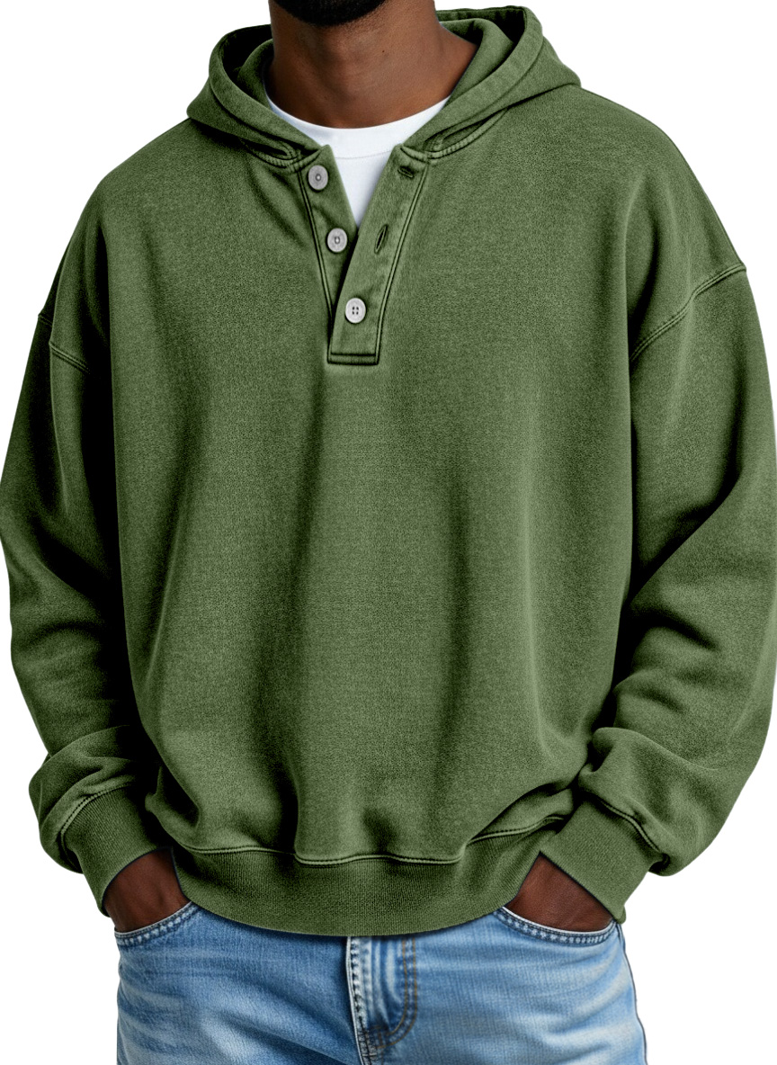 Retro Casual Solid Color Button Hooded Sweatshirt