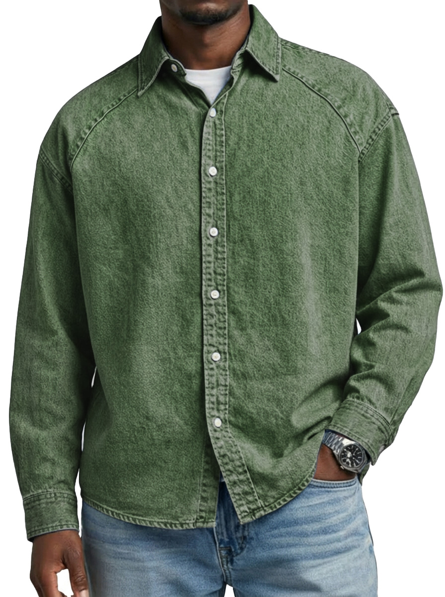 Men's Retro Solid Color Raglan Collared Long-Sleeve Shirt