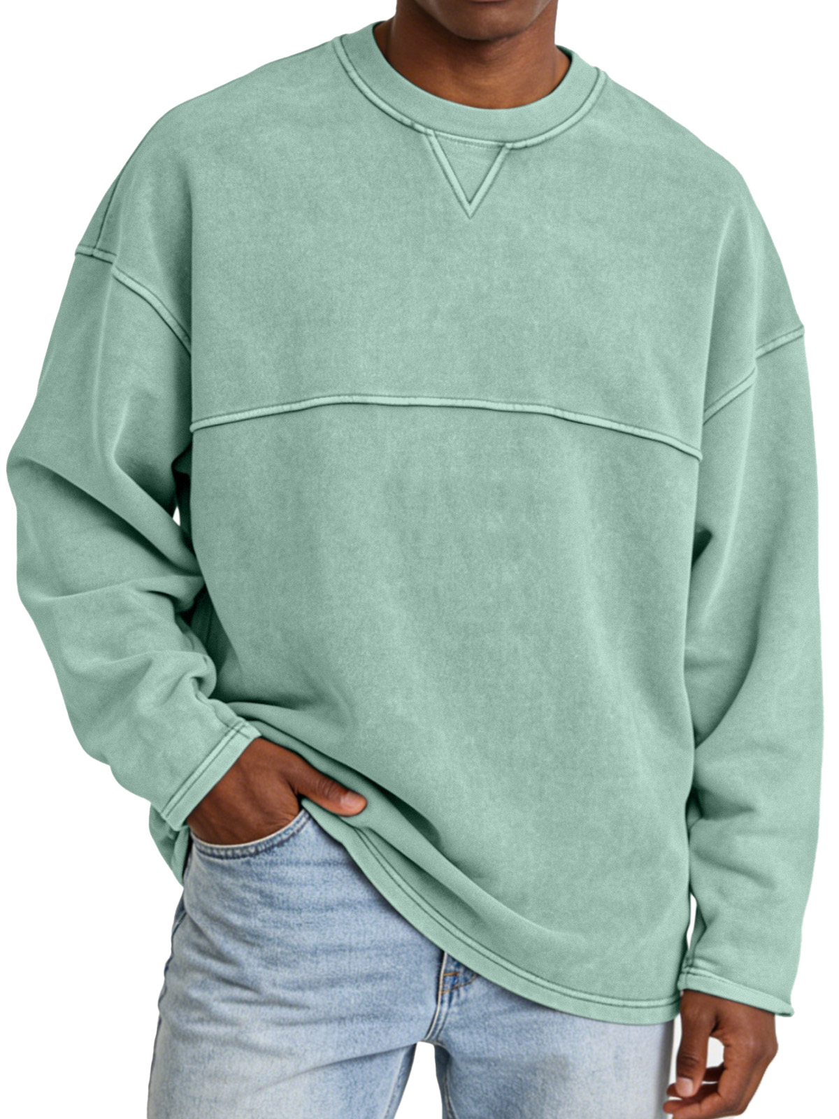 Basic Casual Inverted Triangle Panel Design Crew Neck Long-sleeved Sweatshirt