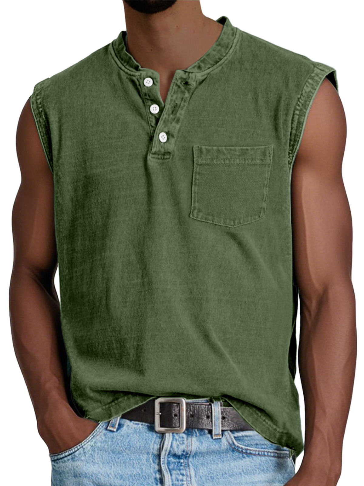 Men's Casual Retro Solid Color Simple Pocket Sleeveless Henley Shirt
