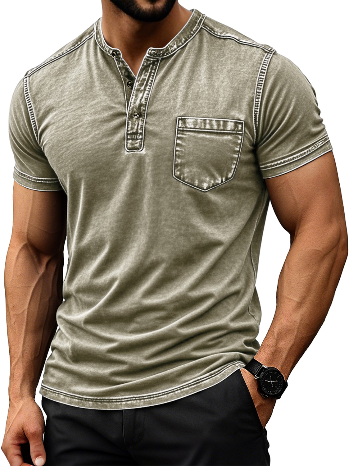 Men's Retro Everyday Casual Pocket Comfort Short Sleeve Henley Shirt