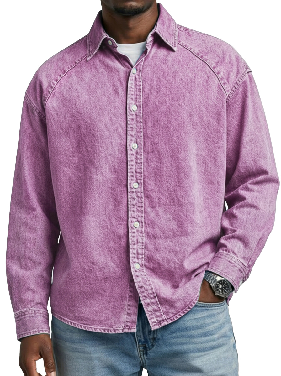 Men's Retro Solid Color Raglan Collared Long-Sleeve Shirt