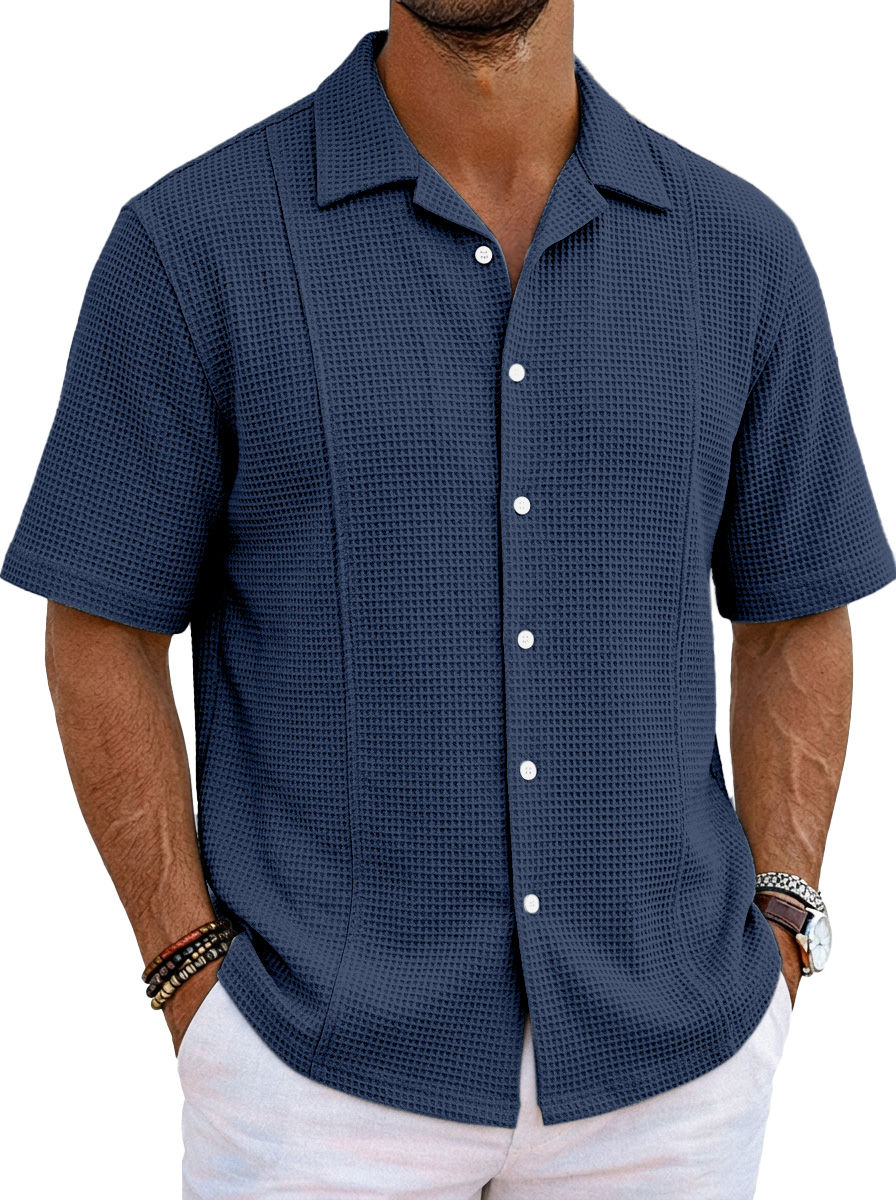 Men's Solid Color Casual Waffle Unstitched Design Cuban Collar Short Sleeve Shirt
