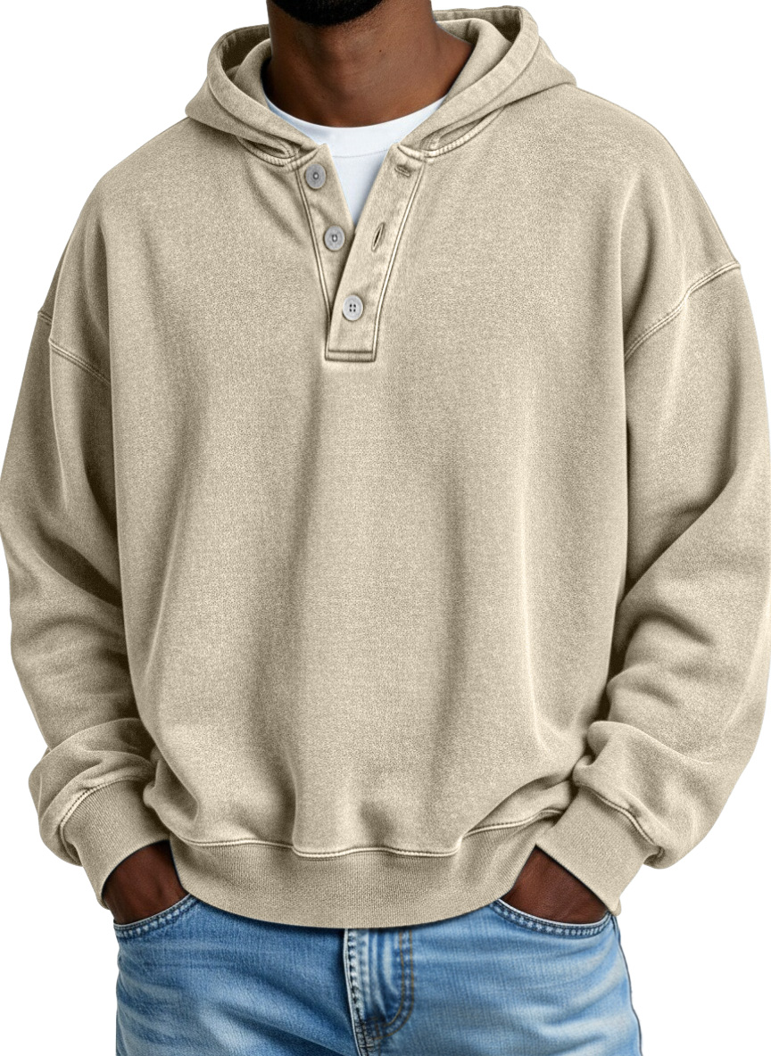 Retro Casual Solid Color Button Hooded Sweatshirt