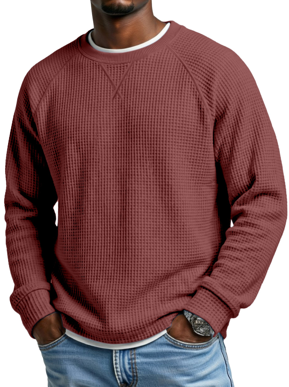 Men's Fashionable Waffle Raglan Sleeve Design Round Neck Long Sleeve T-Shirt