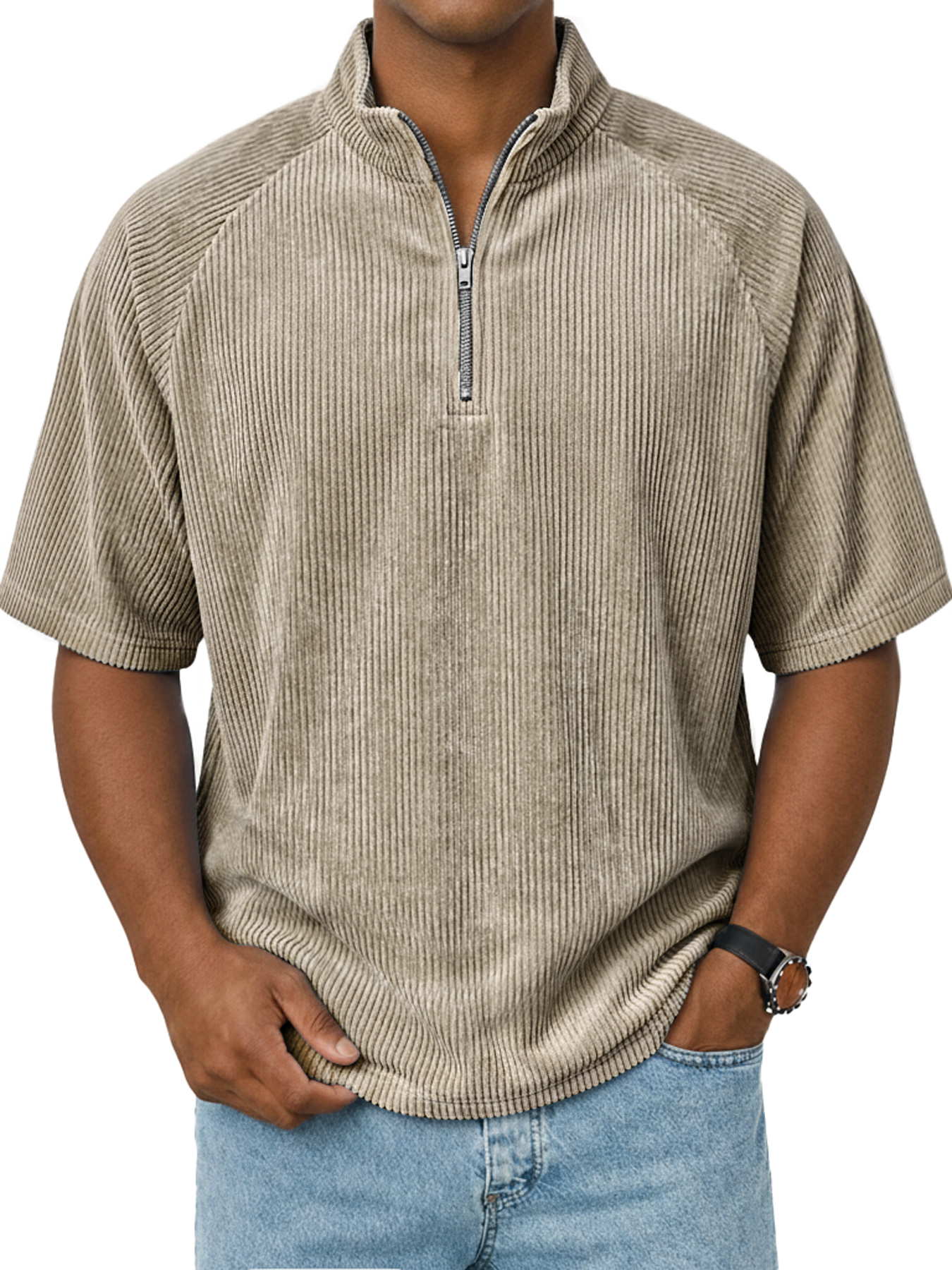 Men's Retro Raglan Corduroy Stand Collar Zipper Casual Short Sleeve T-Shirt