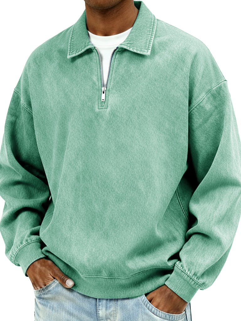 Men's Retro Fashion Distressed Collar Zipper Long-Sleeve Polo Shirt