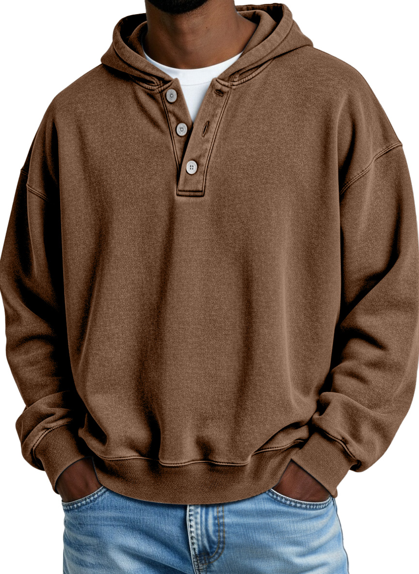 Retro Casual Solid Color Button Hooded Sweatshirt
