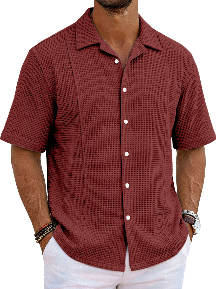 Men's Solid Color Casual Waffle Unstitched Design Cuban Collar Short Sleeve Shirt