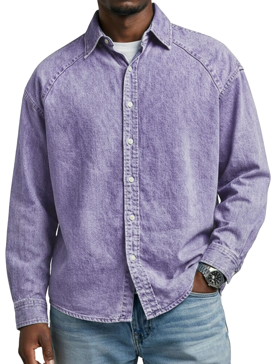 Men's Retro Solid Color Raglan Collared Long-Sleeve Shirt