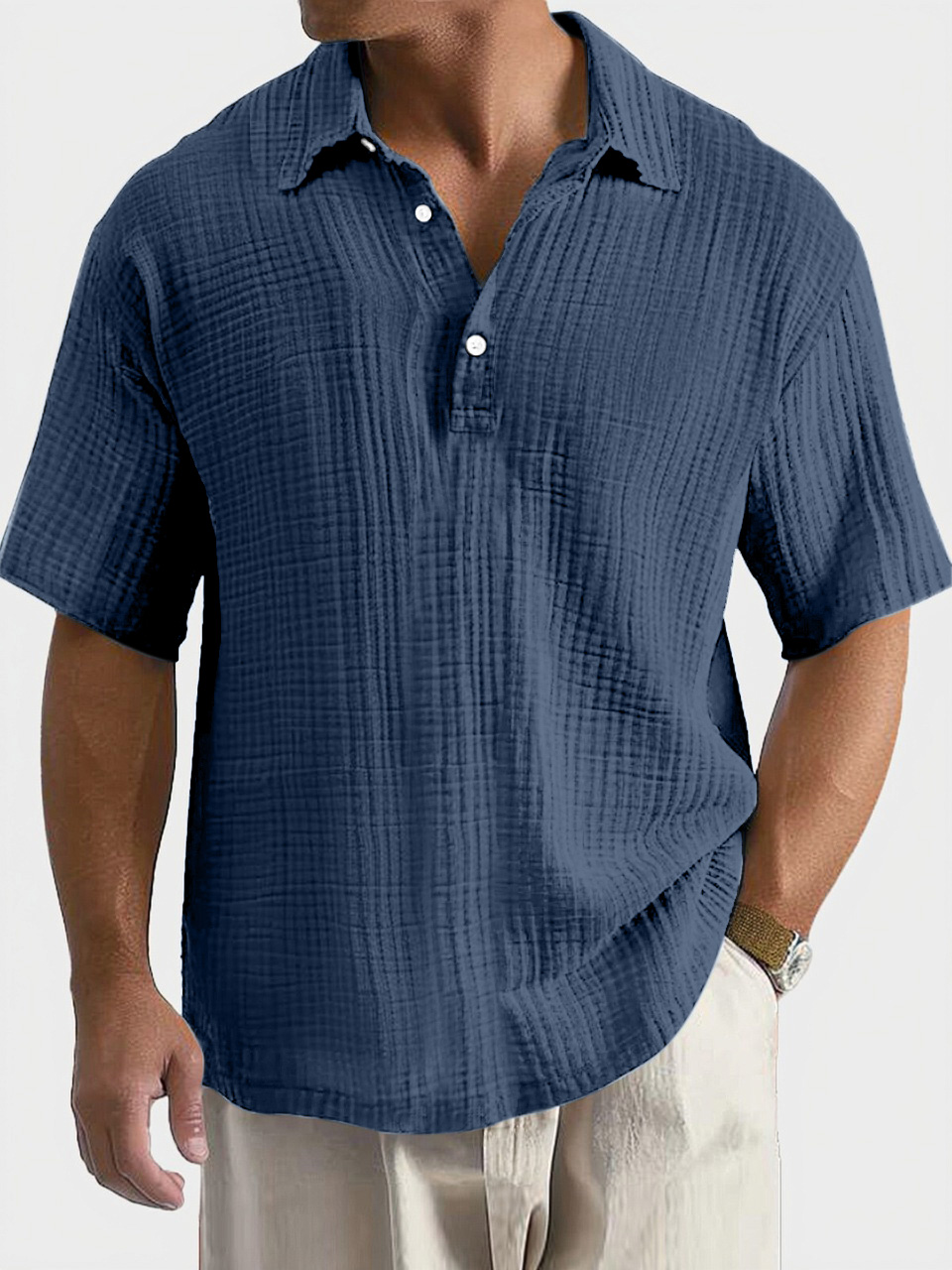Men's Casual, Comfortable, Breathable Pleated Texture Button Short-sleeved Polo Shirt