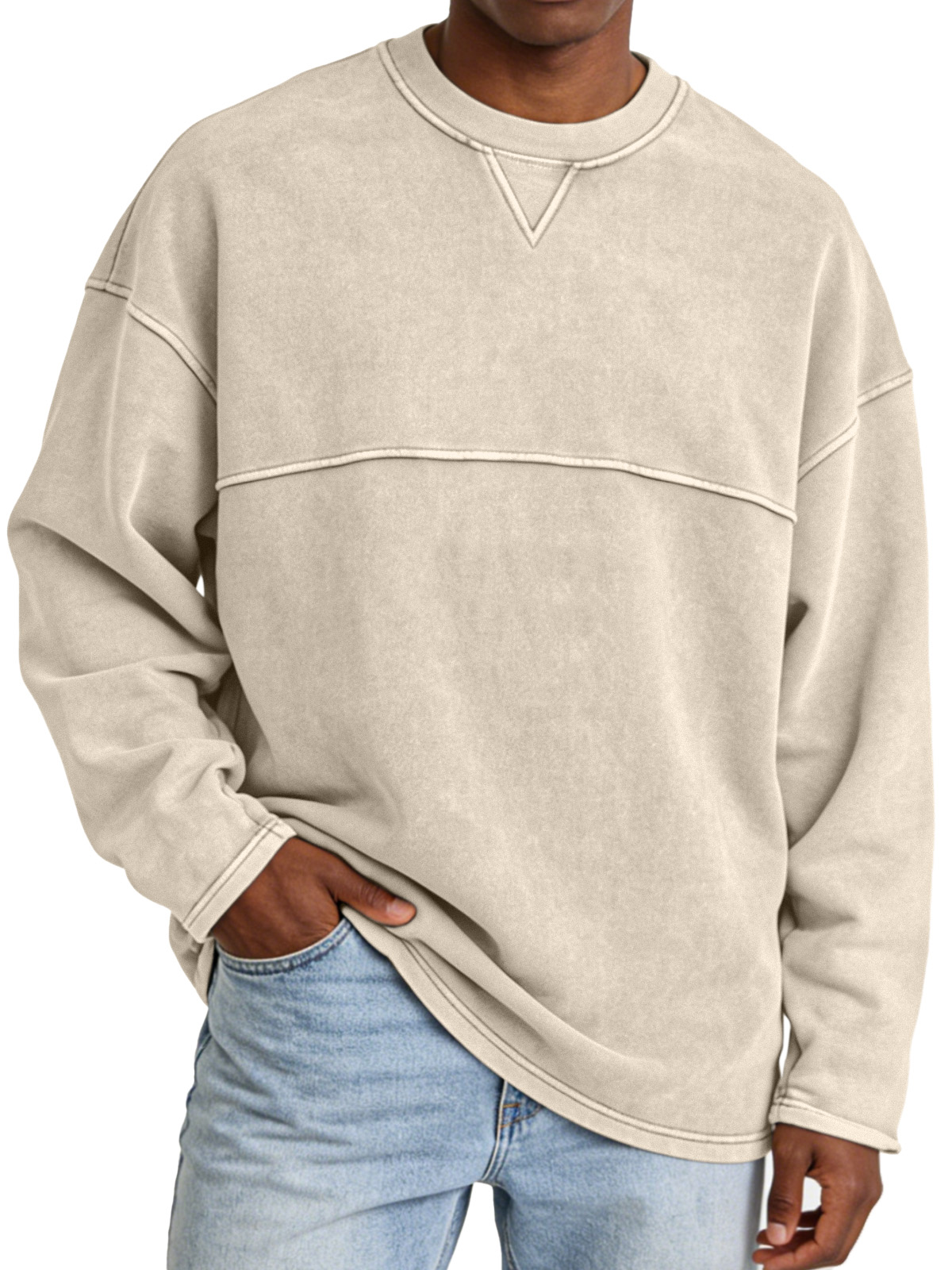 Basic Casual Inverted Triangle Panel Design Crew Neck Long-sleeved Sweatshirt