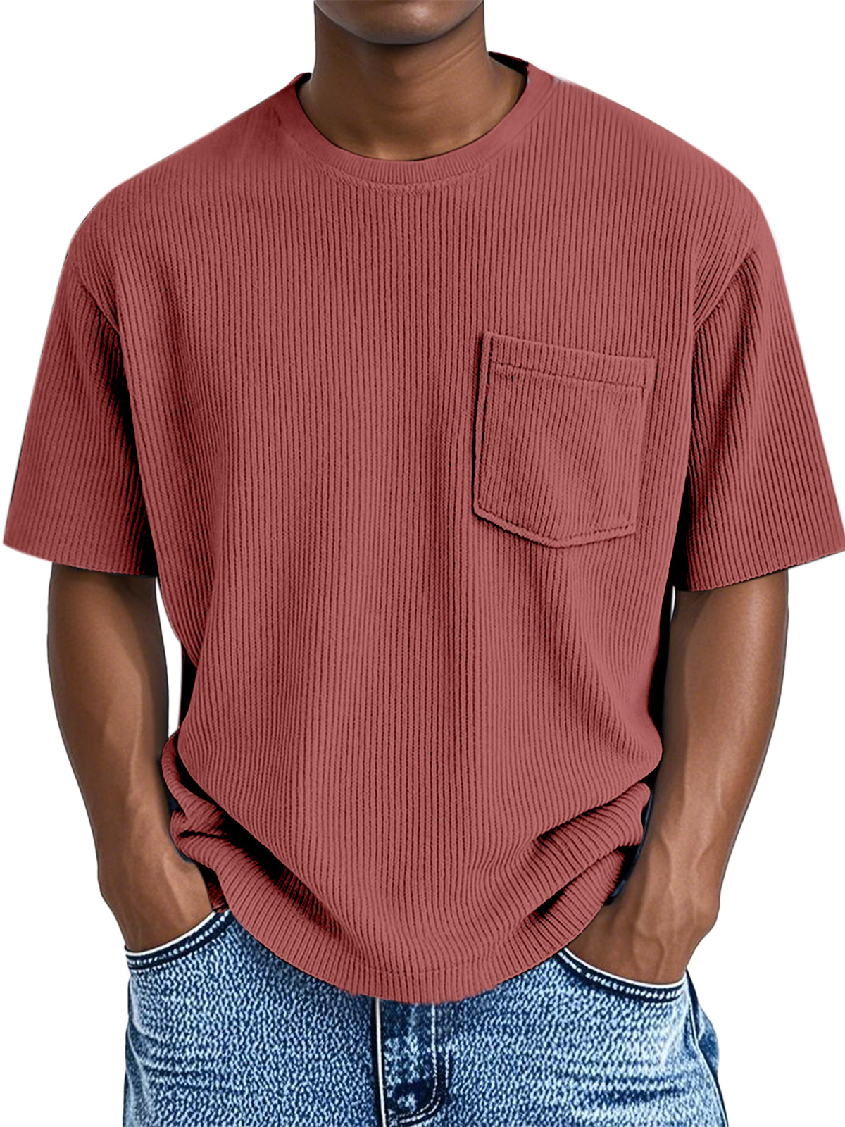 Men's Comfortable Solid Color Pit Pocket Round Neck Short-sleeved T-shirt