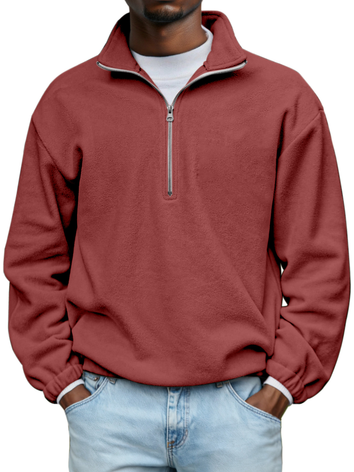 Men's Simple And Comfortable Soft Plush Zipper Stand Collar Sweater
