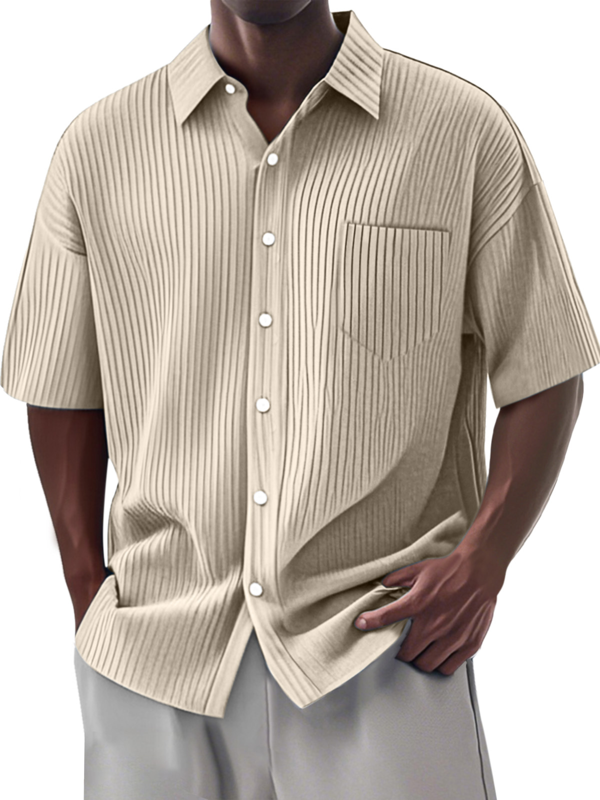 Men's Simple Daily Solid Color Vertical Pit Lapel Short-sleeved Shirt