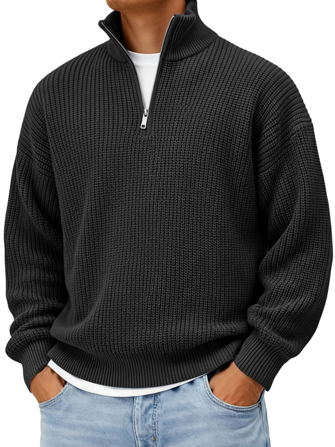 Men's Loose Stand-up Collar Zip-up Knit Solid Color Sweater