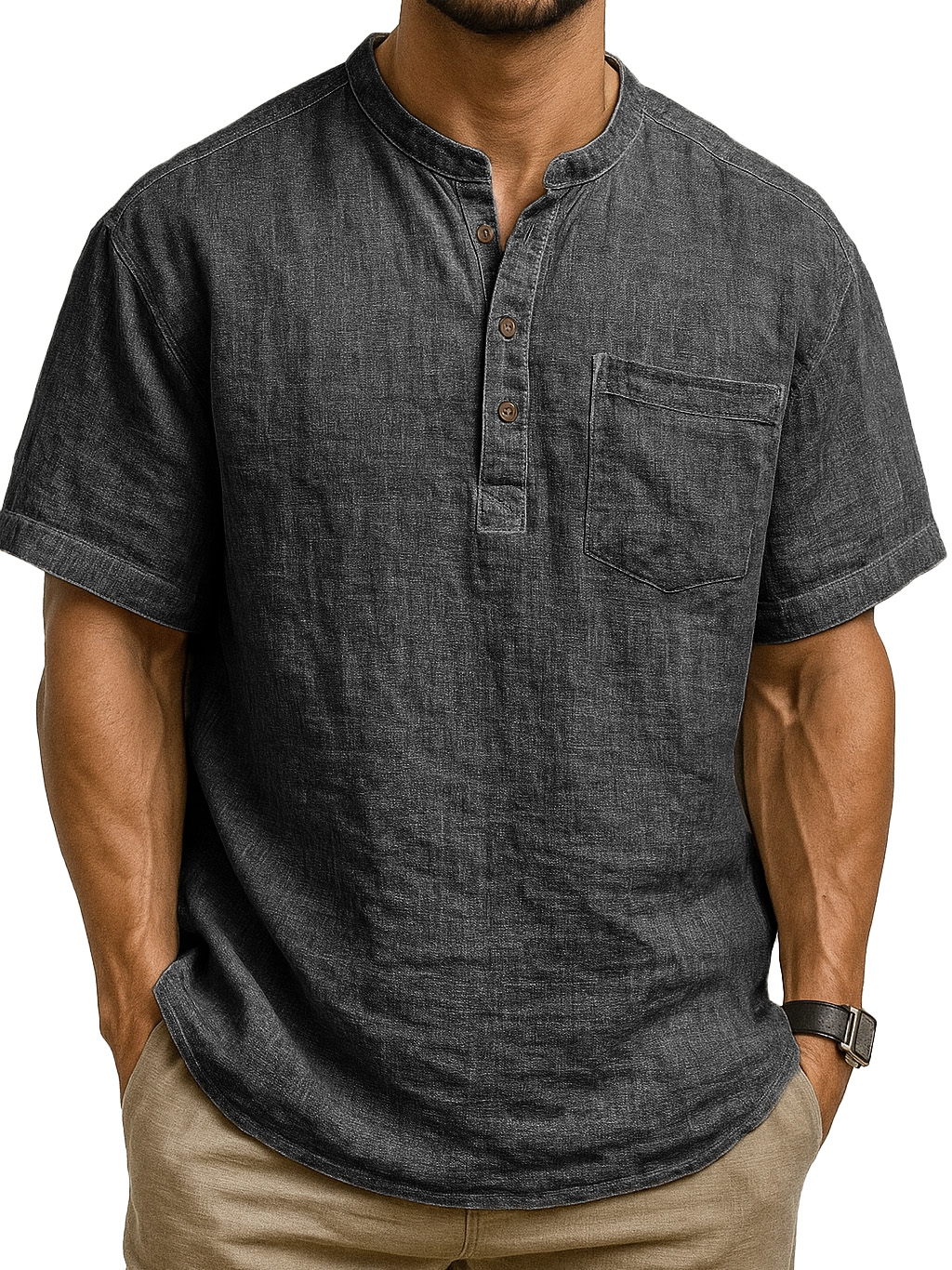 Men's Fashion Retro Ramie Fabric Pocket Short-sleeved Henley Shirt