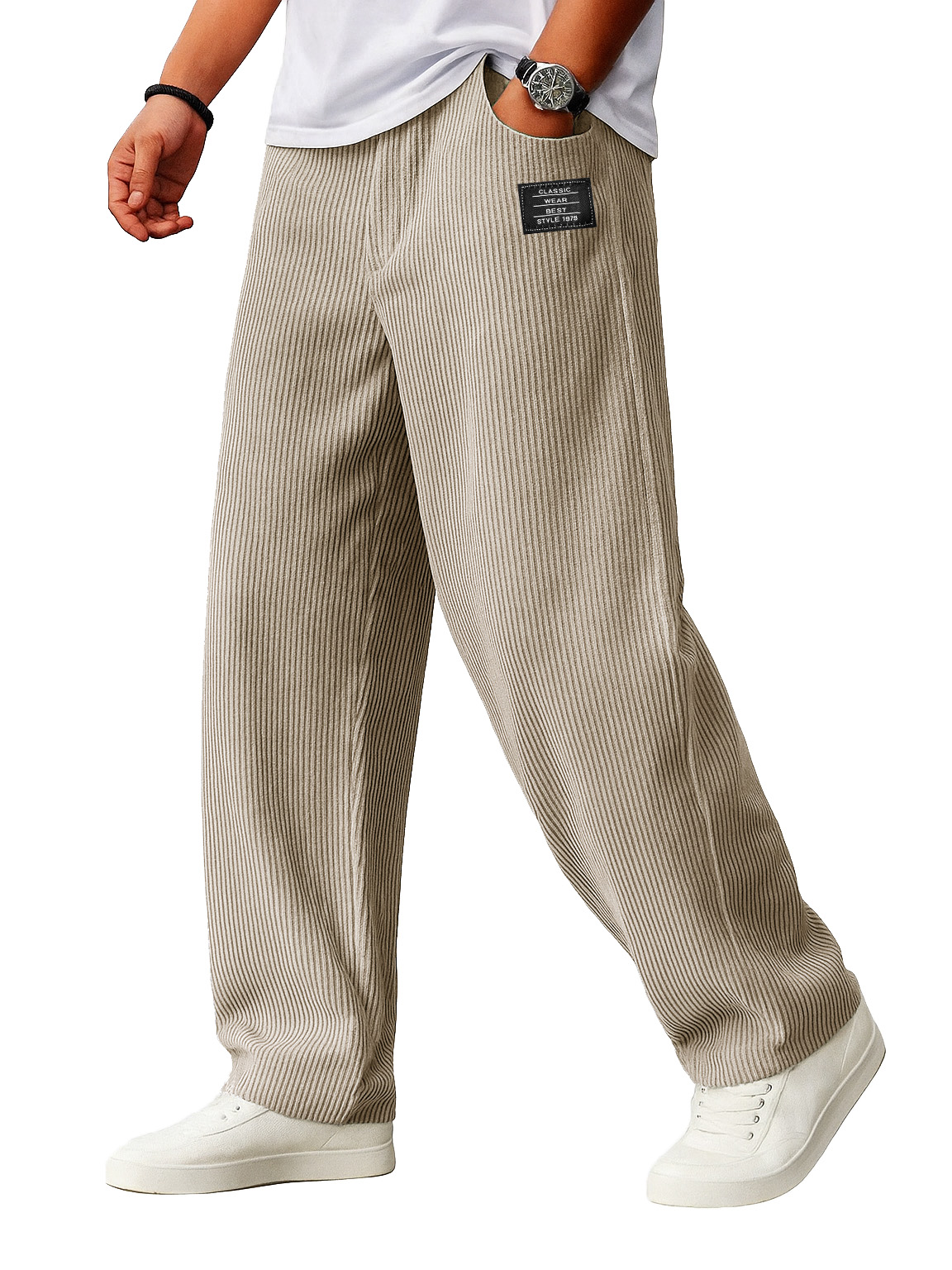 Men's Stylish Everyday Corduroy Ribbed Fabric Pants With Loose-fitting Drawstring Waist And Embroidered Logo