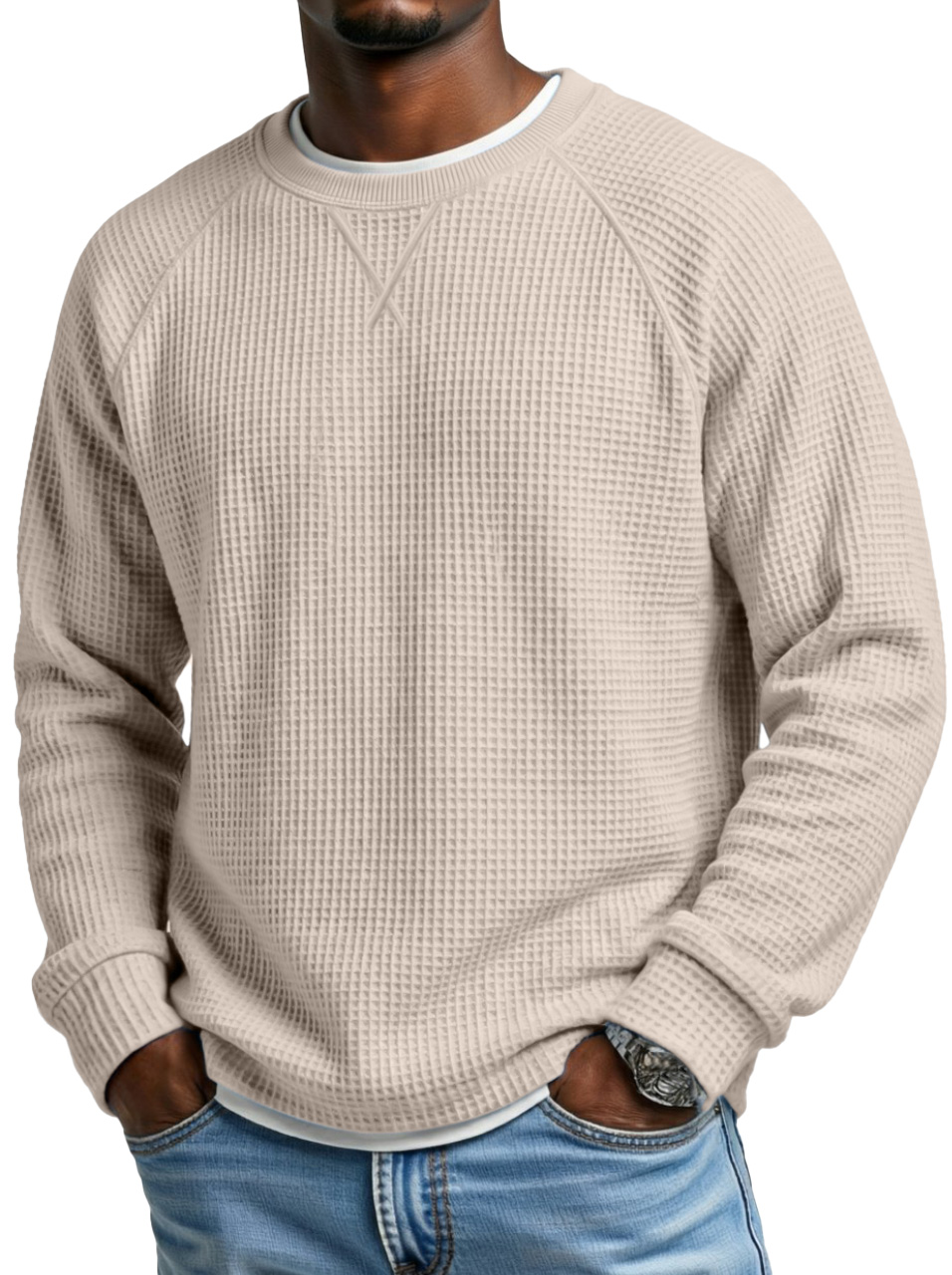 Men's Fashionable Waffle Raglan Sleeve Design Round Neck Long Sleeve T-Shirt