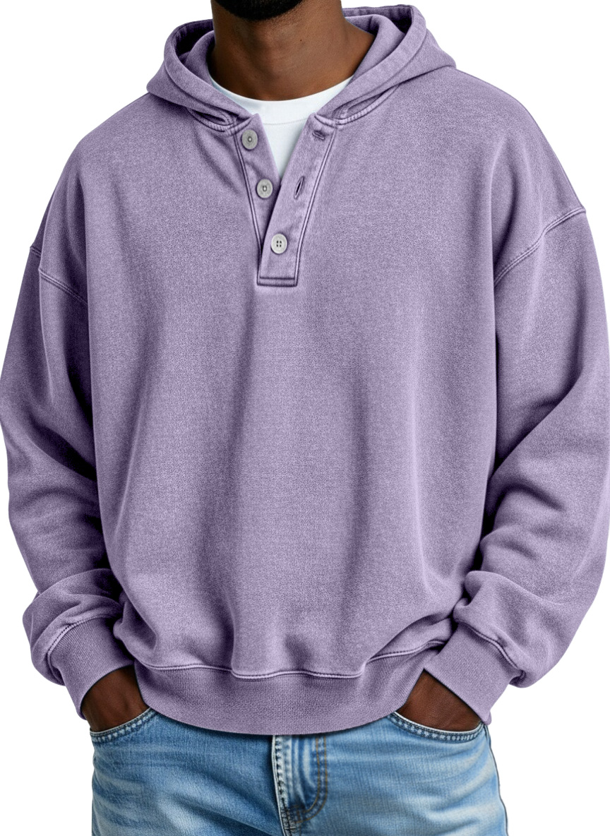 Retro Casual Solid Color Button Hooded Sweatshirt