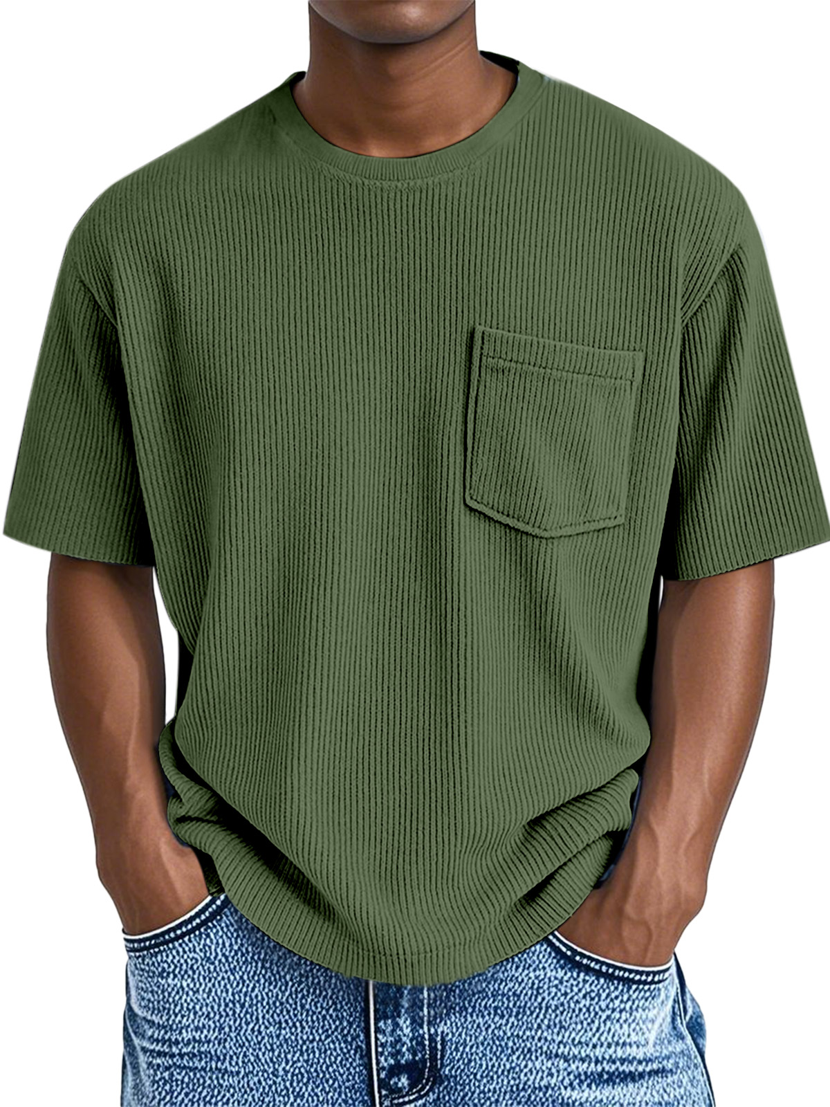 Men's Comfortable Solid Color Pit Pocket Round Neck Short-sleeved T-shirt