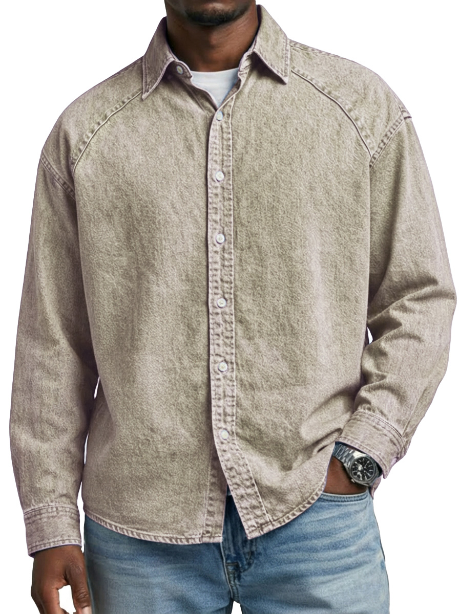 Men's Retro Solid Color Raglan Collared Long-Sleeve Shirt