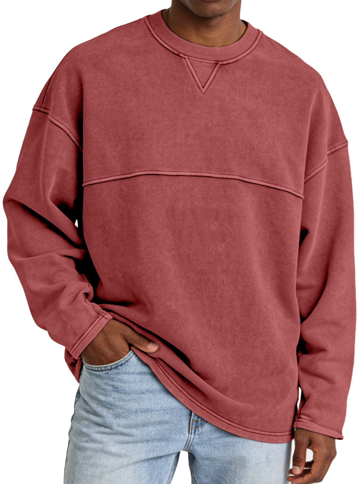 Basic Casual Inverted Triangle Panel Design Crew Neck Long-sleeved Sweatshirt