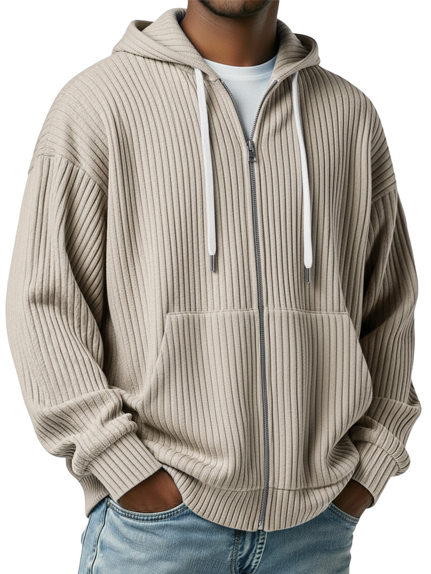 Men's Simple Ribbed Zipper Casual Hooded Jacket