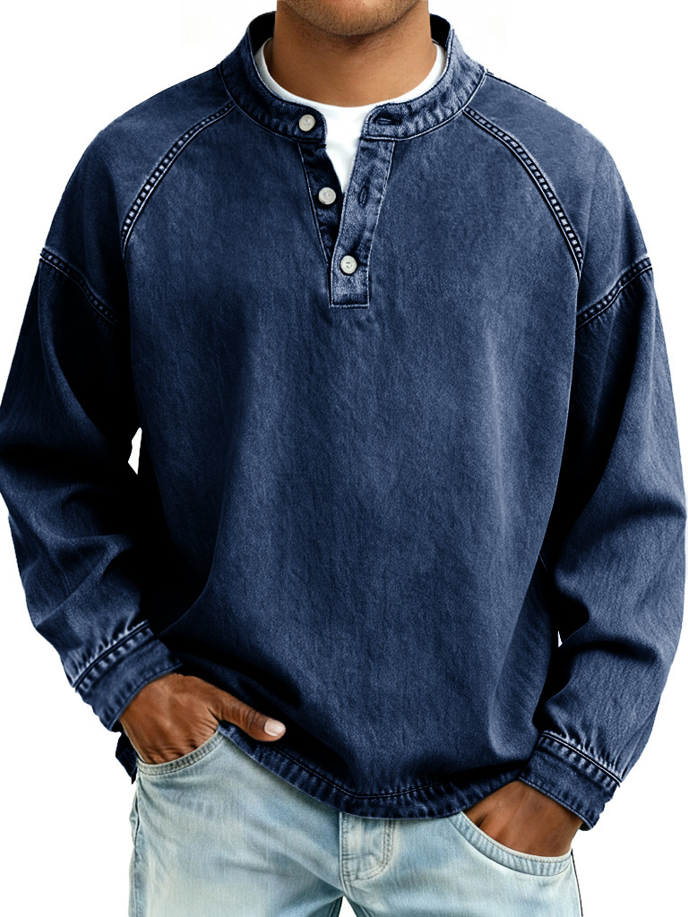 Men's Retro Fashion Distressed Raglan Sleeve Stand Collar Long-Sleeve Henley Shirt