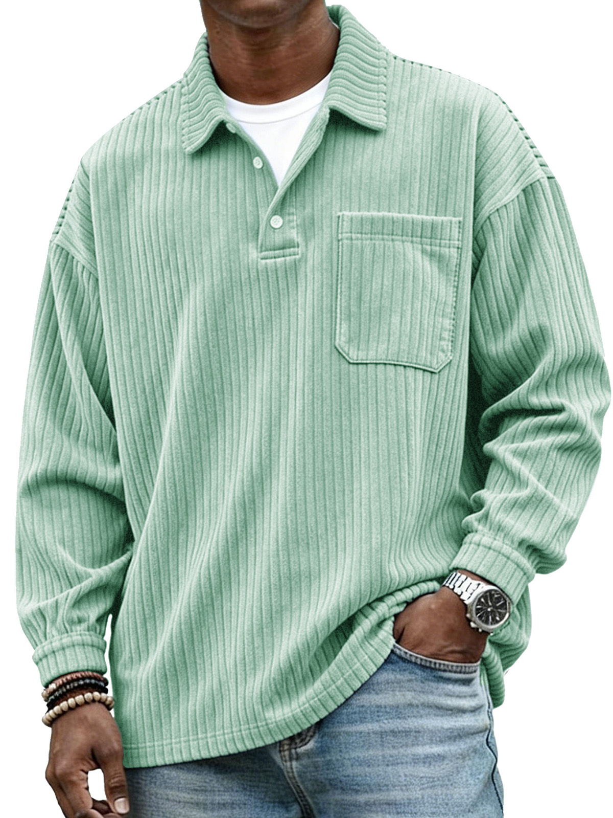  Stylish Casual Loose Corduroy Fabric Lapel Pockets Long-sleeved Polo Shirt 