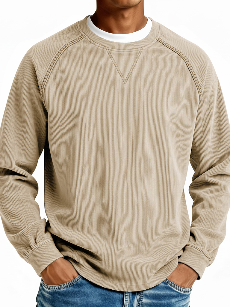 Men's Fashionable Casual Retro Ribbed Fabric Long-Sleeve Crew Neck Top