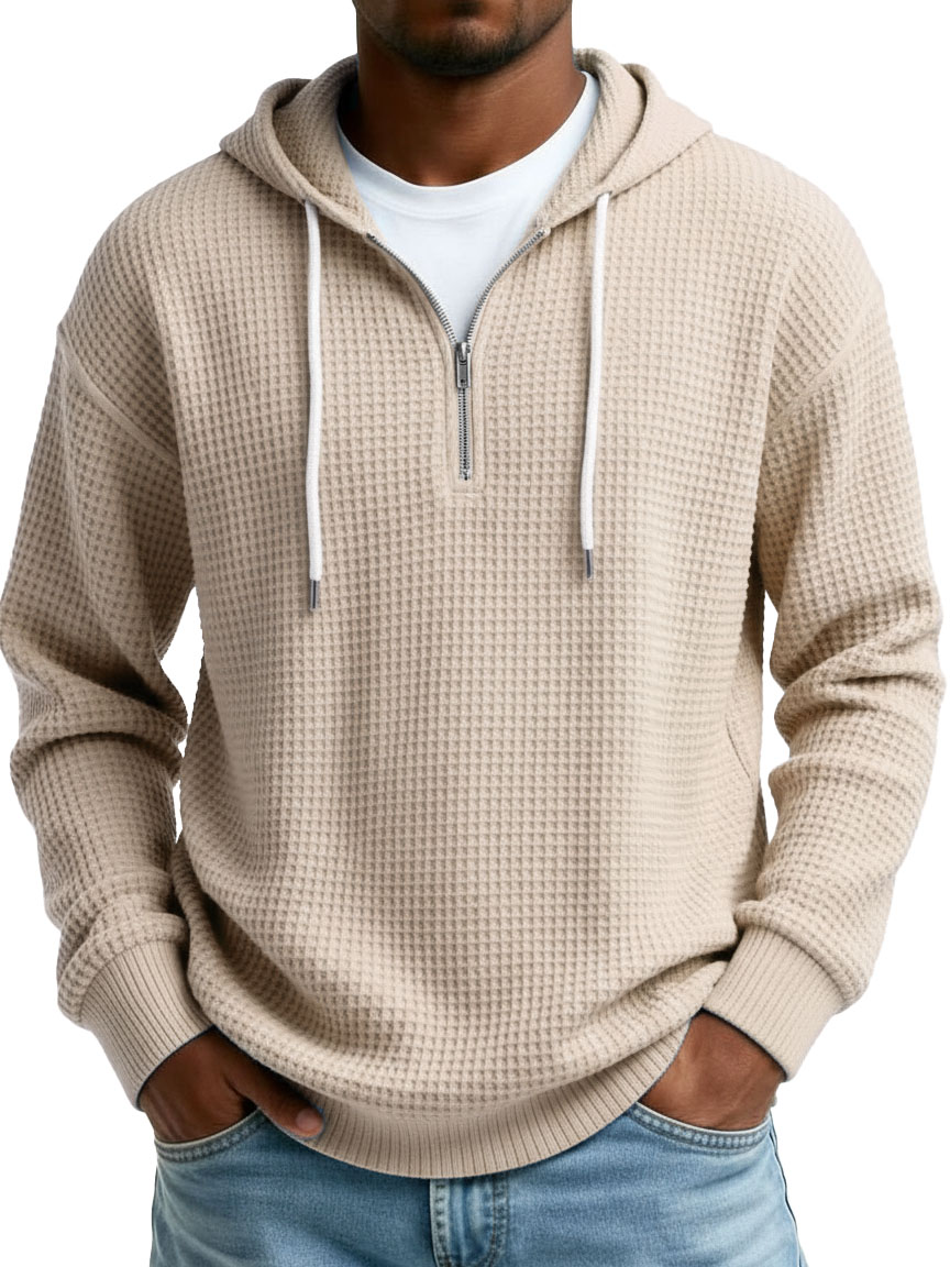 Men's Wear Fashionable Casual Waffle Fabric Semi-zipper Hooded Hooded Hoodie 
