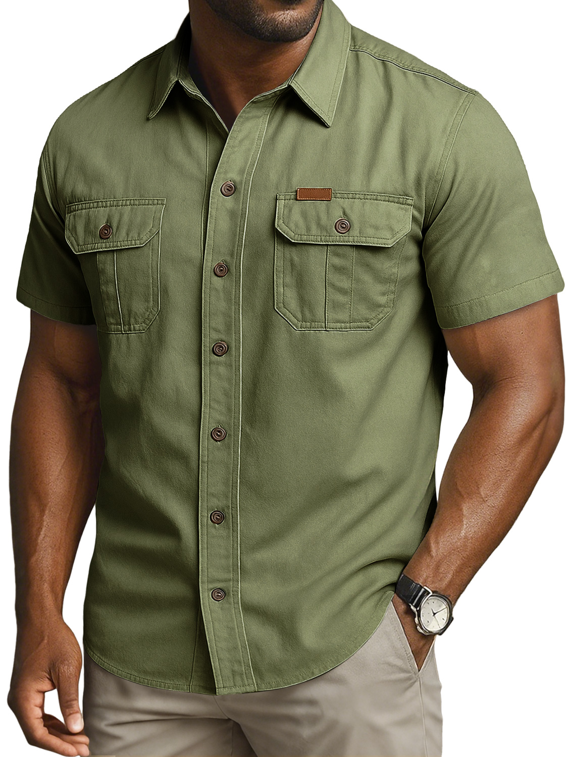 Men's Vintage Double Pocket Embroidered Leather Label Casual Work Shirt