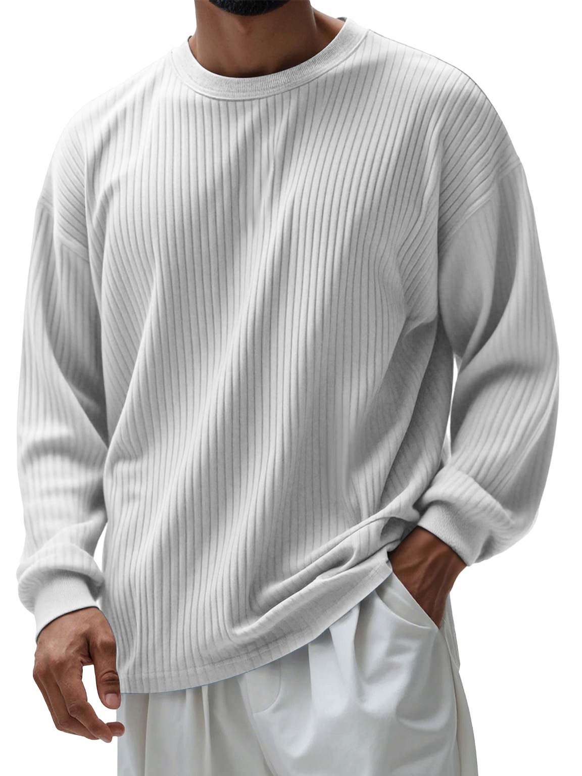 Men's Casual Round Neck Ribbed Comfortable Long Sleeve T-shirt
