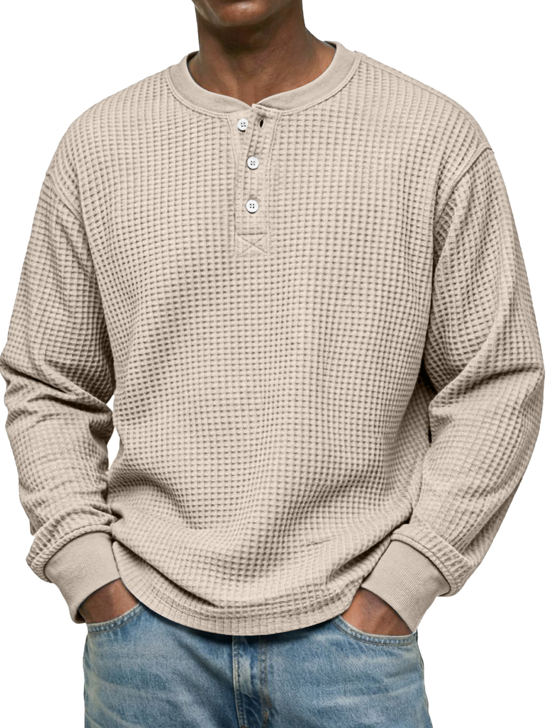 Men's Simple Waffle Casual Long-Sleeved Henley Shirt