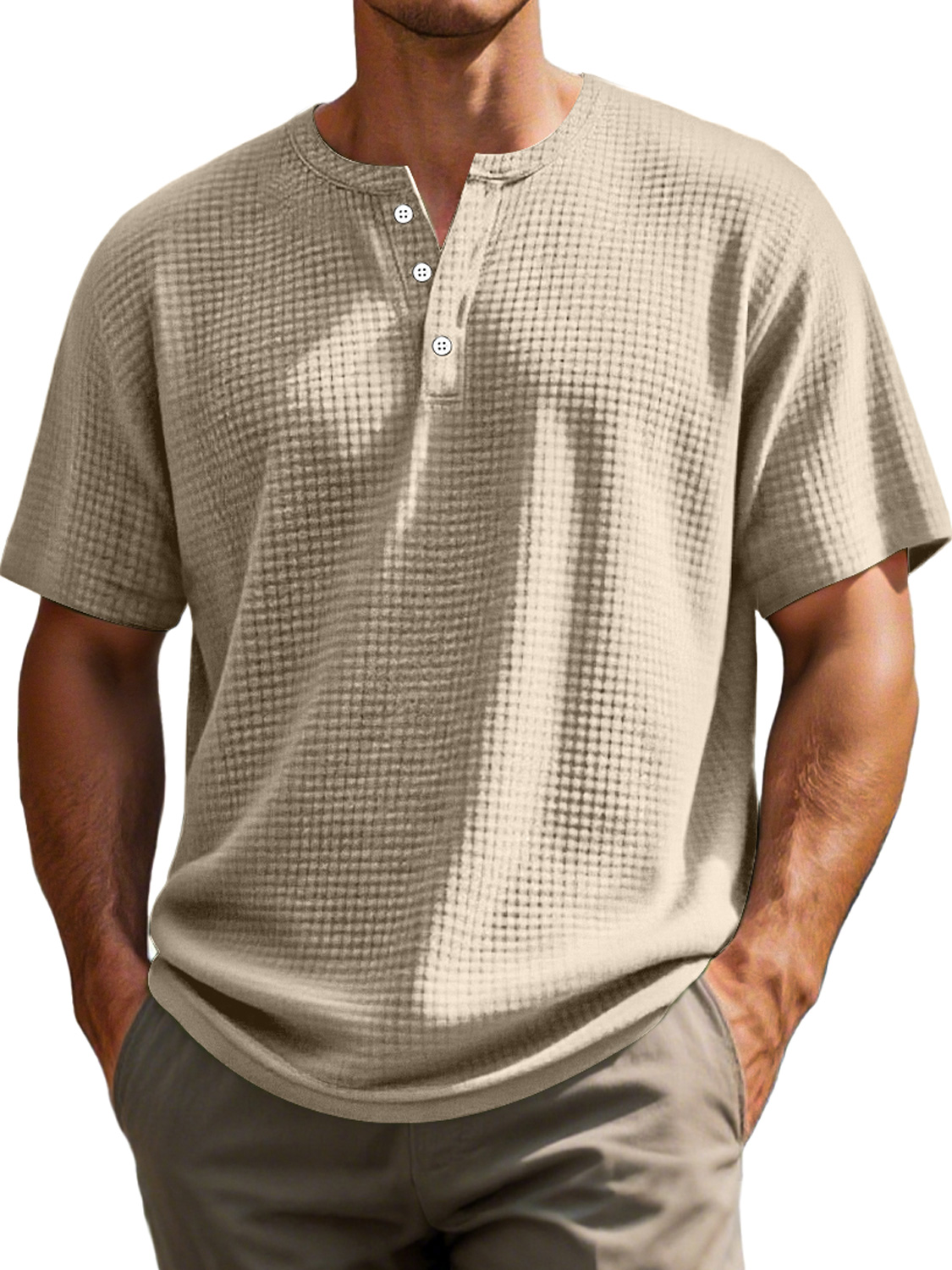 Men's Everyday Waffle Casual Solid Color Short Sleeve Henley Shirt