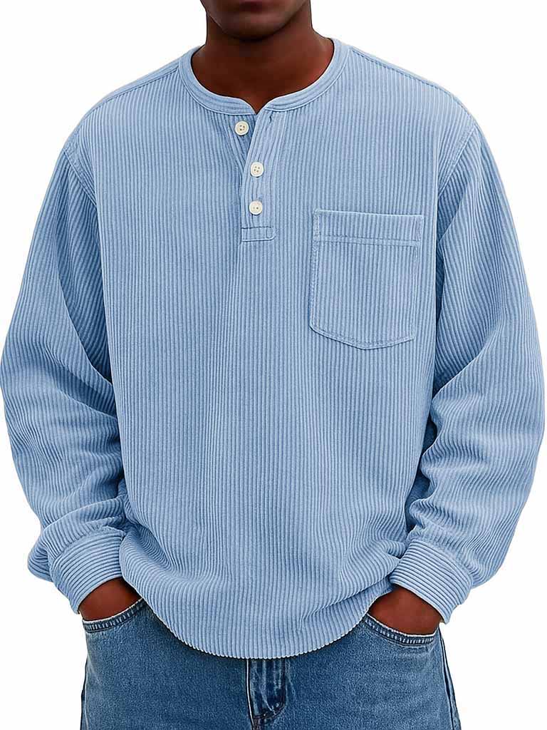 Men's Fashion Casual Corduroy Pocket Long Sleeve Henley Shirt