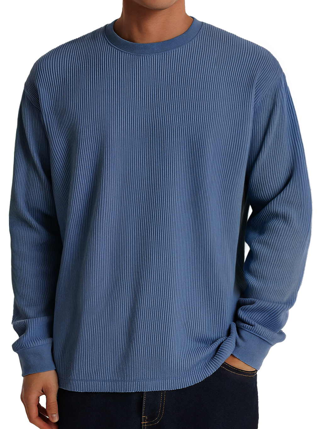 Men's Casual Round Neck Ribbed Comfortable Long Sleeve T-shirt