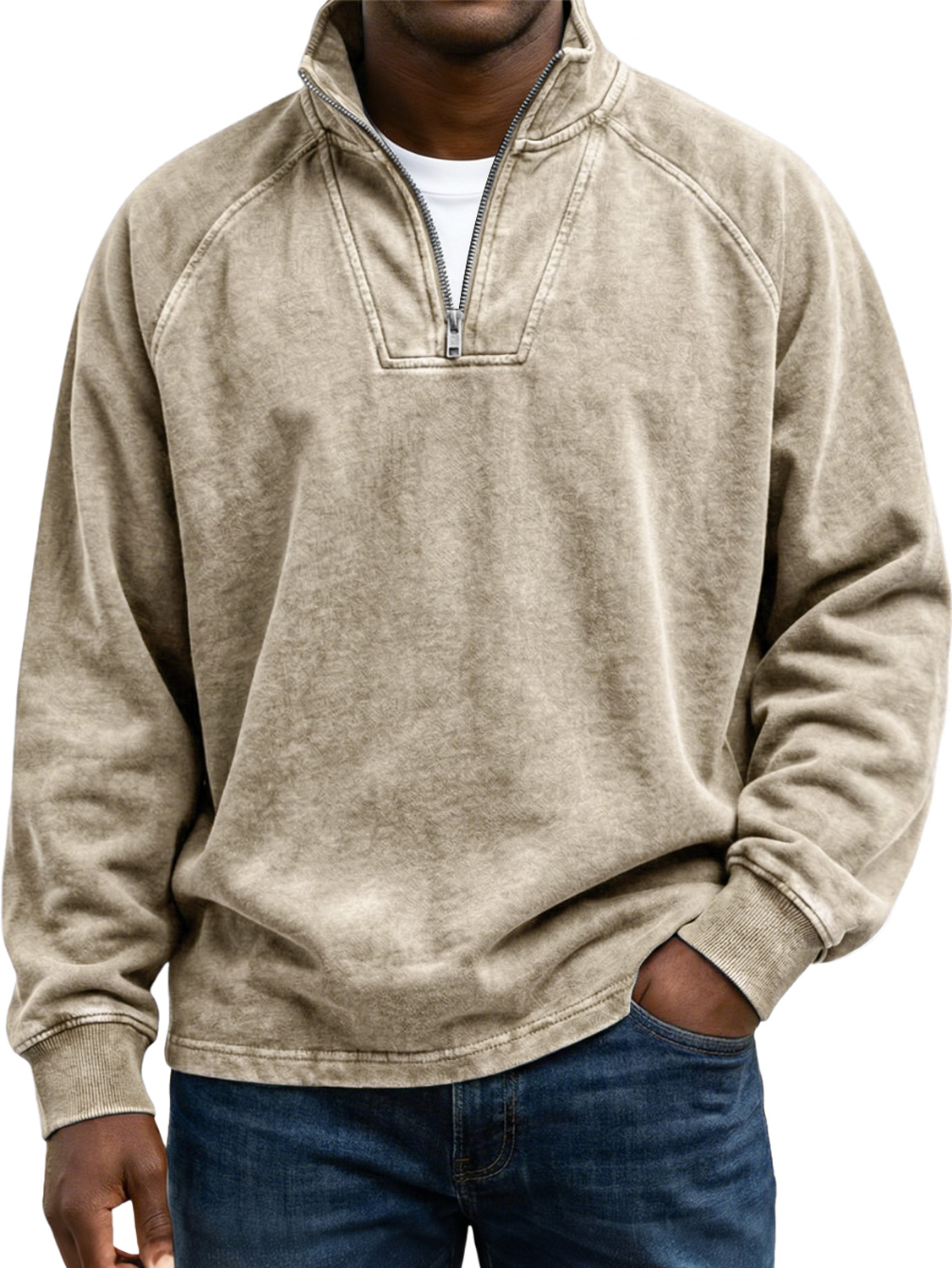 Men's Vintage Raglan Sleeve Stand-collar Zip-up Casual Long-sleeved Shirtt