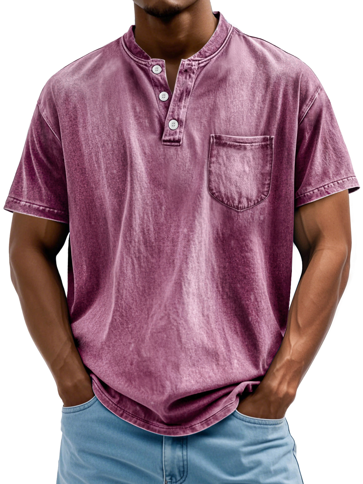 Men's Retro Stand Collar Pocket Casual Solid Color Short Sleeve Henley Shirt