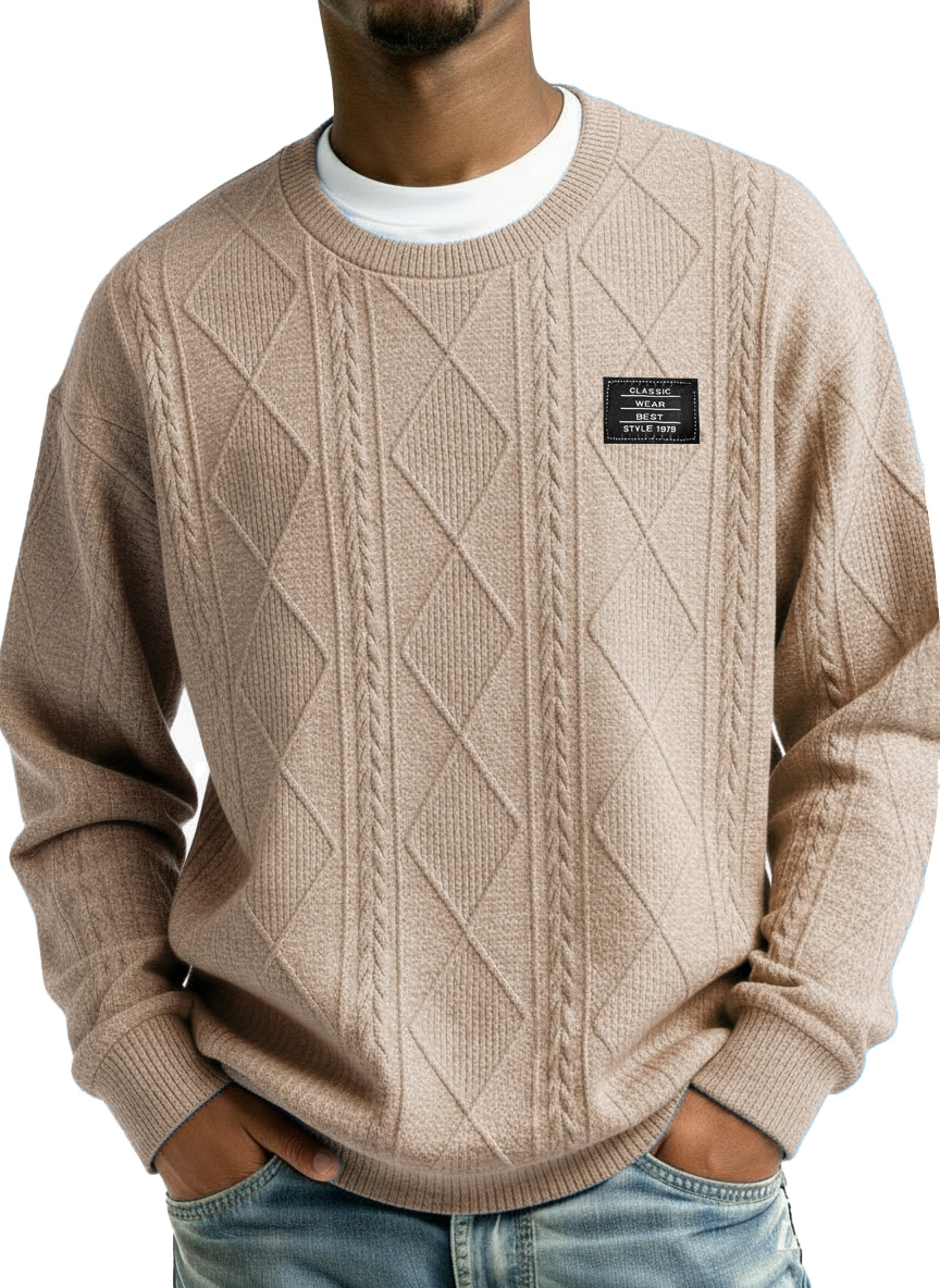 Men's Stylish Vintage Everyday Jacquard Fabric Embroidered Logo Long-sleeved Crew Neck Sweatshirt