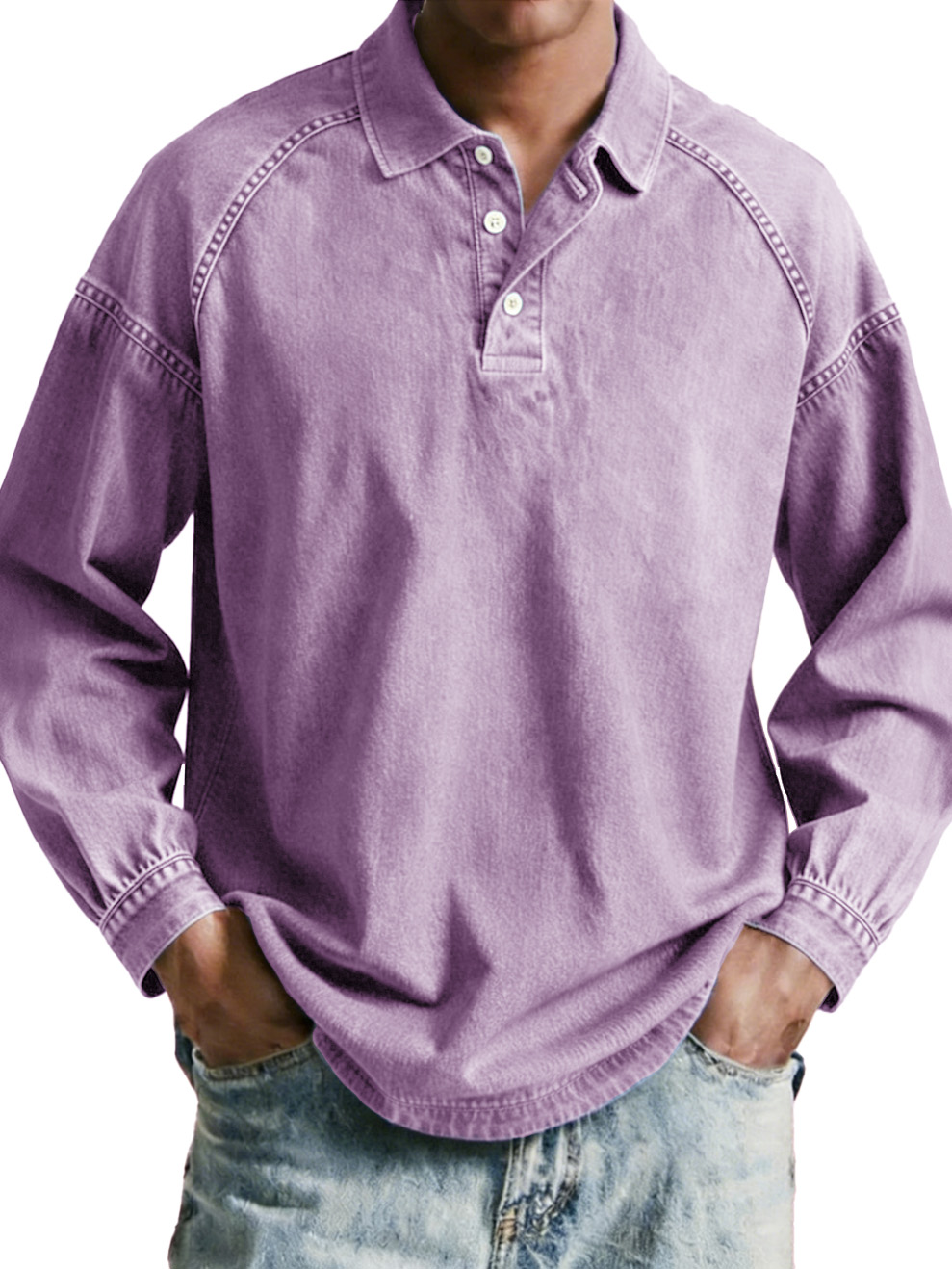 Men's wear, retro, retro, loose, raglan, long-sleeved polo shirt