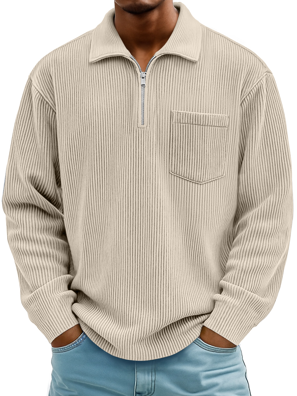 Men's Daily Casual Ribbed Lapel Manhattan Loose Long-sleeved Polo Shirt