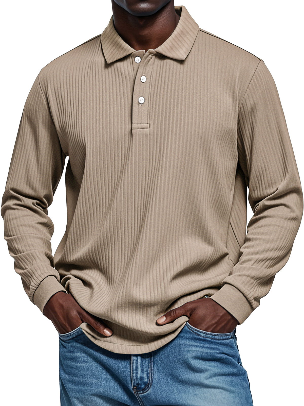 Men's Pit Texture Casual Button Solid Color Long-sleeved Polo Shirt