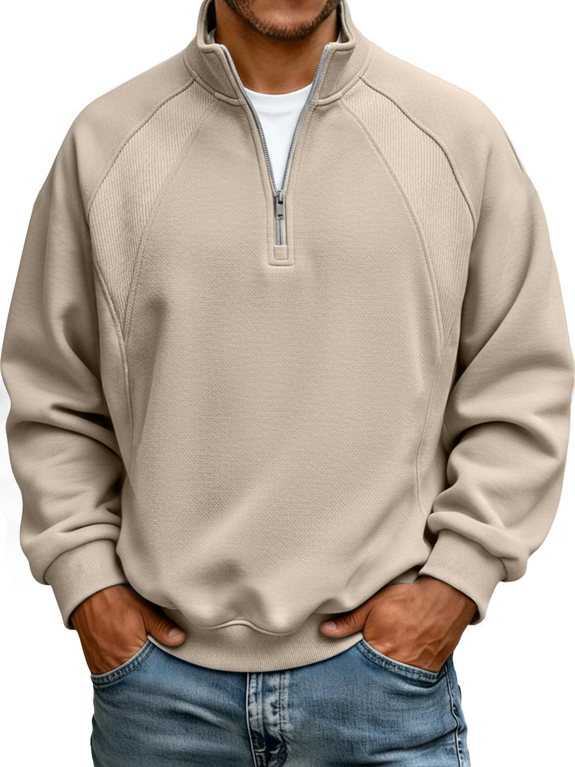Men's Stand-up Collar Zippered Raglan Stitching Casual Sweatshirt