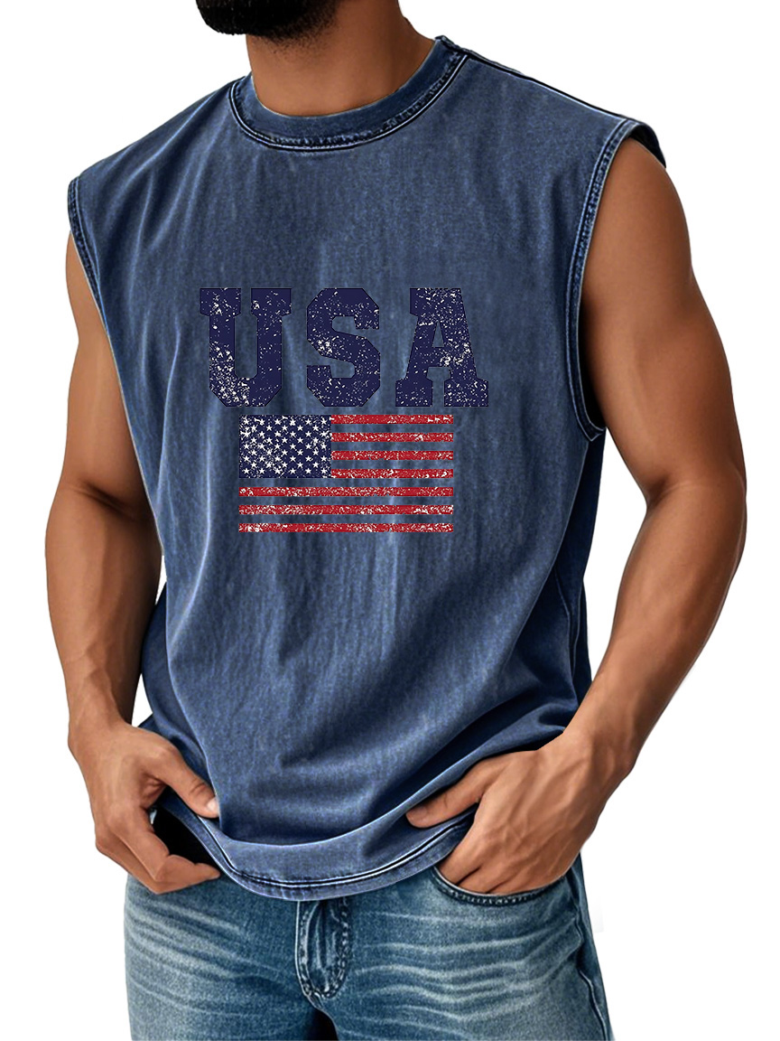 Men's Everyday Vintage American Independence Day Flag Printed Crew Neck Sleeveless Tank Top
